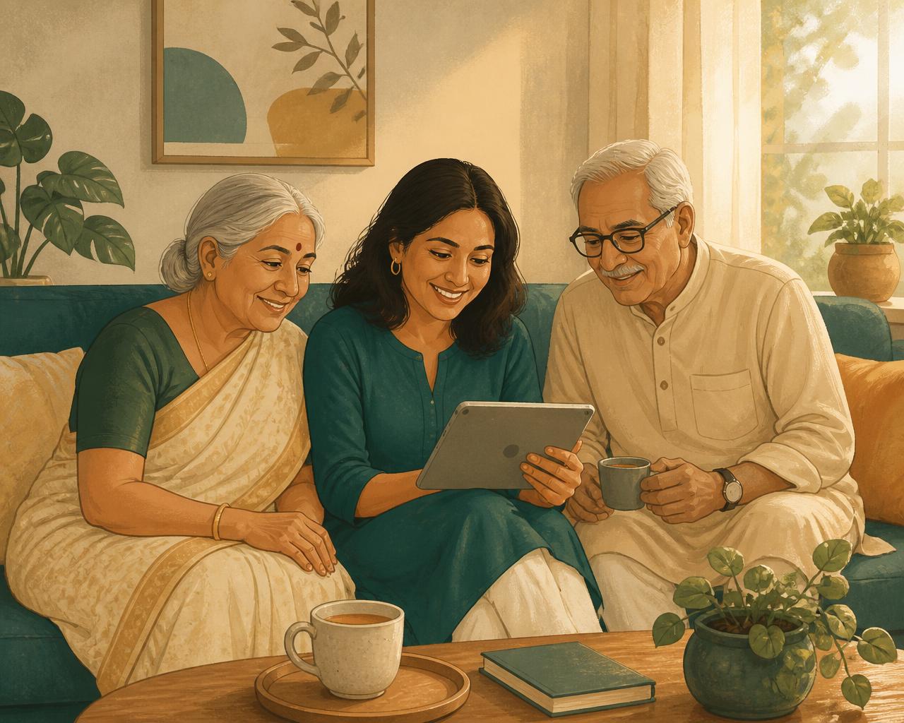 An Indian family — elderly parents and their adult daughter — looking together at a tablet at home